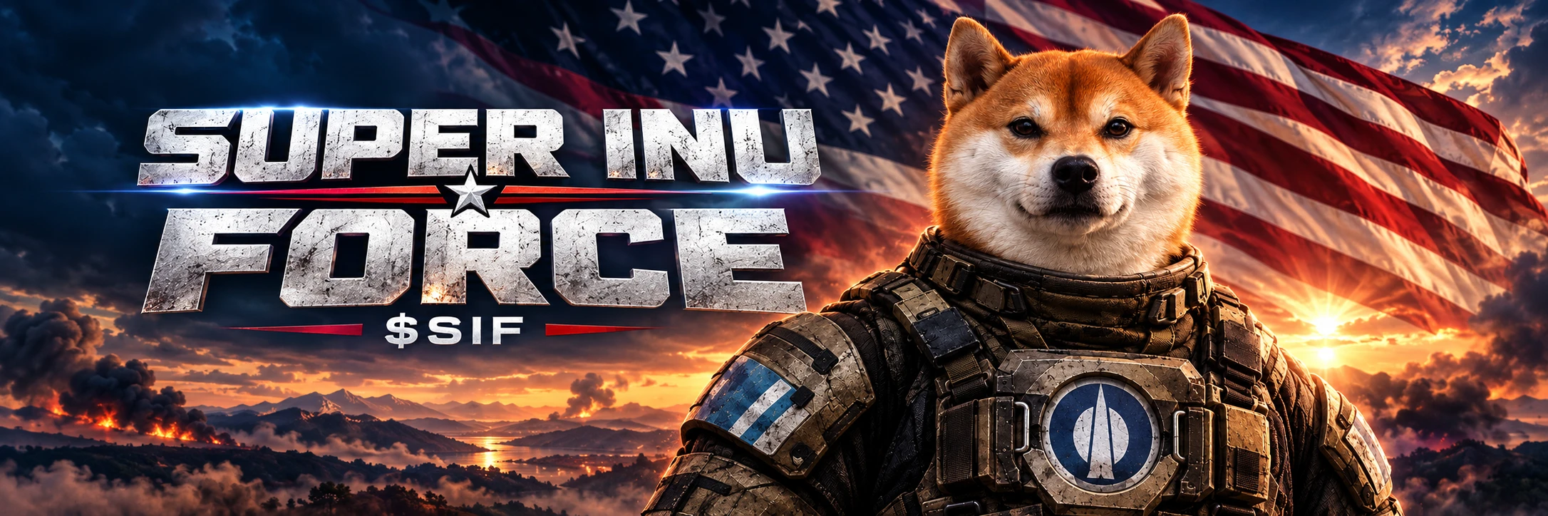 Super Inu Force cinematic banner with SIF in military armour, a sweeping American flag and the Super Inu Force title
