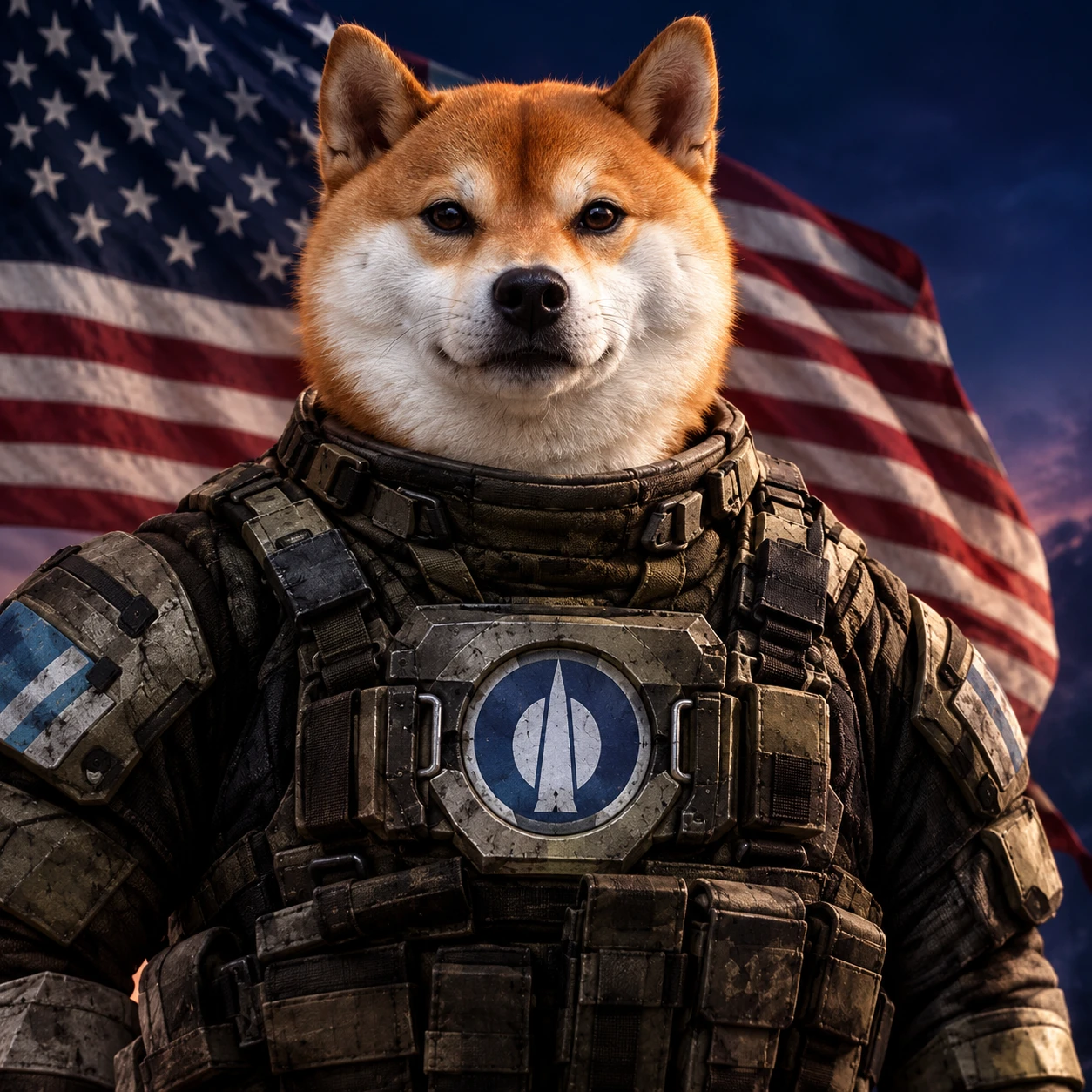 SIF, an orange and white Shiba in weathered tactical armour with a blue chest emblem and an American flag behind him